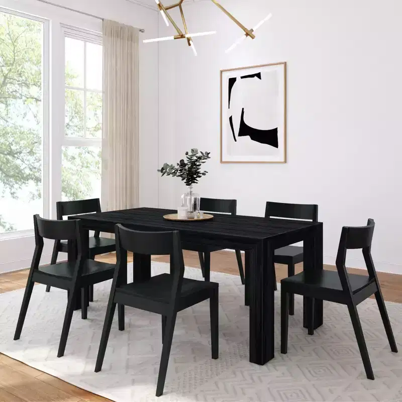 Plank+Beam 72 Modern Solid Wood Dining Table Set, Black Wirebrush, + 6 Chairs