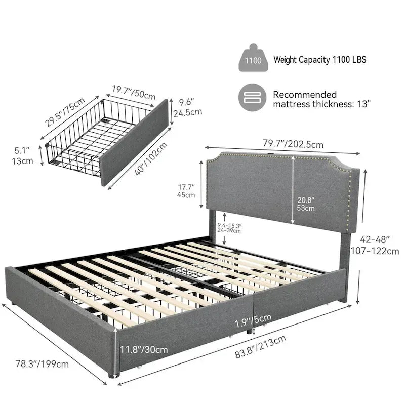 Moasis King Upholstered Rivet Curved Adjustable Headboard Platform Bed Frame 4 Storage Drawers Bed Frame