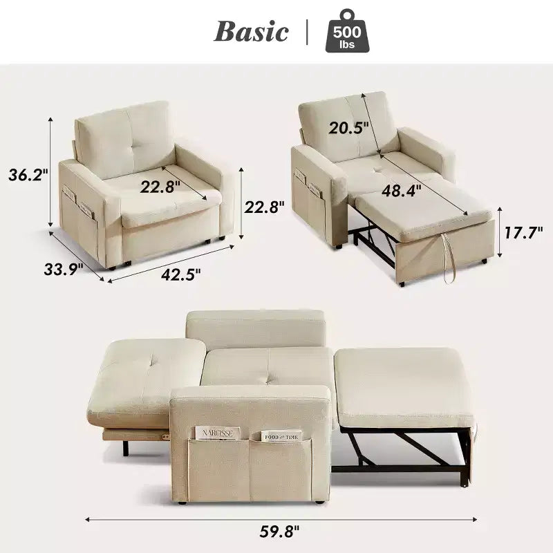 42.5 Inch 3-in-1 Sleeper Chair Bed, Convertible Sofa Chair with Pull Out Bed, Adjustable Backrest, Side Pockets
