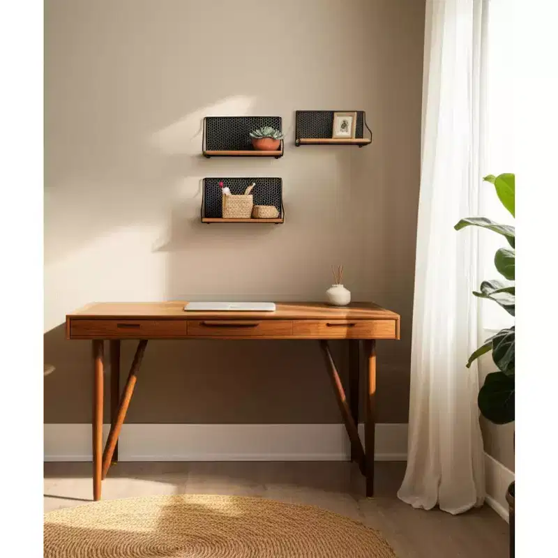 Wall Storage Shelves Set of 3 - Boho Metal & Wood Hanging Shelves with Veneer Finish - Iron Frame - Decorative Floating Shelves for Home & Office