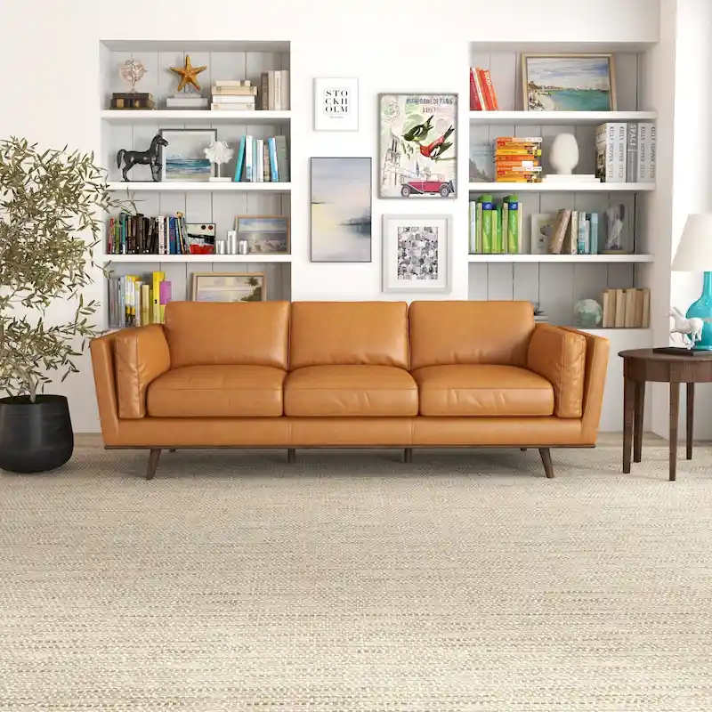 Florencia Mid Century Modern Furniture Style Living Room Leather Sofa in Tan