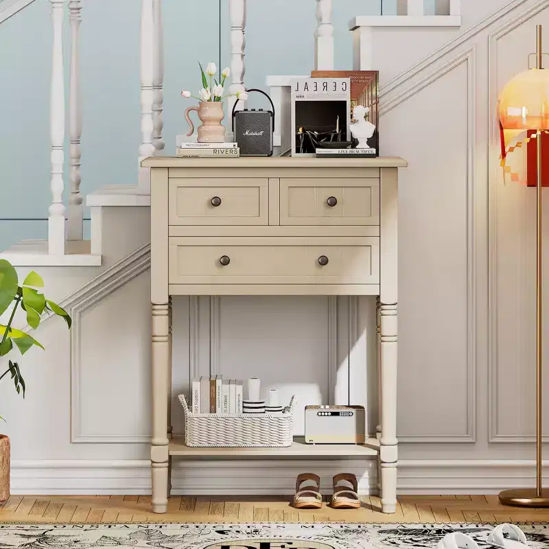 TUYOHW 24IN Retro Narrow Console Table, Slim Sofa Table with 3 Storage Drawers and Bottom Shelf, Entryway Table for Living Room, Entryway