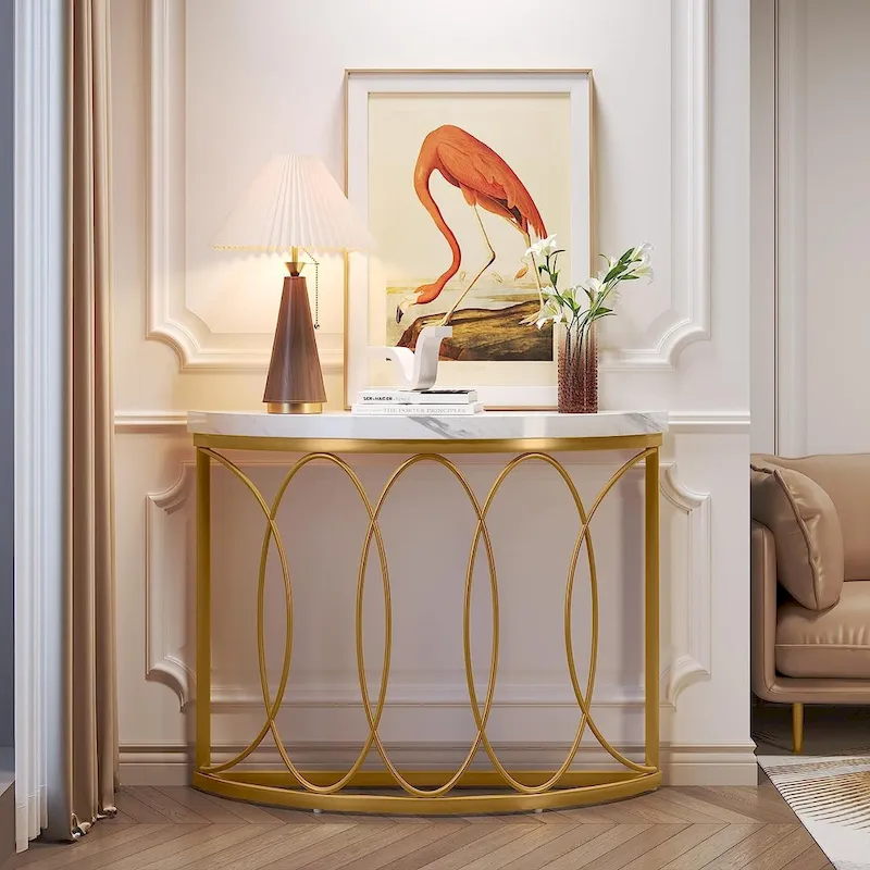Half Moon Gold Console Table, 43 Inch Modern Faux Marble Entryway Table