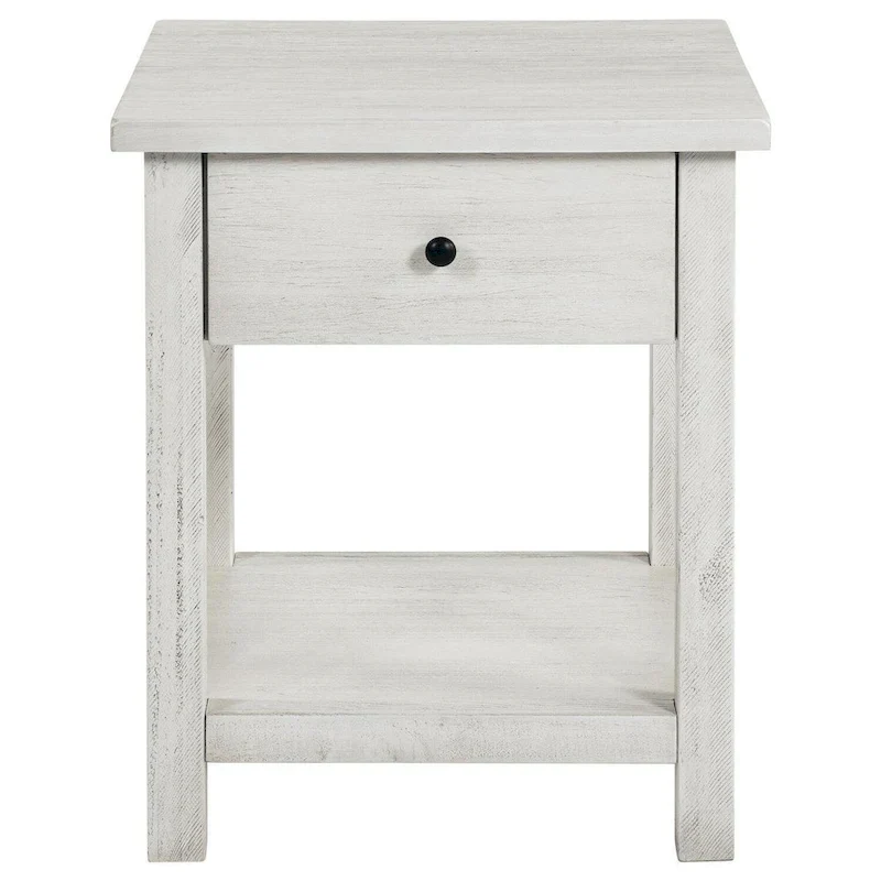 Ayne Side End Table, 1 Drawer, Distressed White Wood, Square 20 Inch