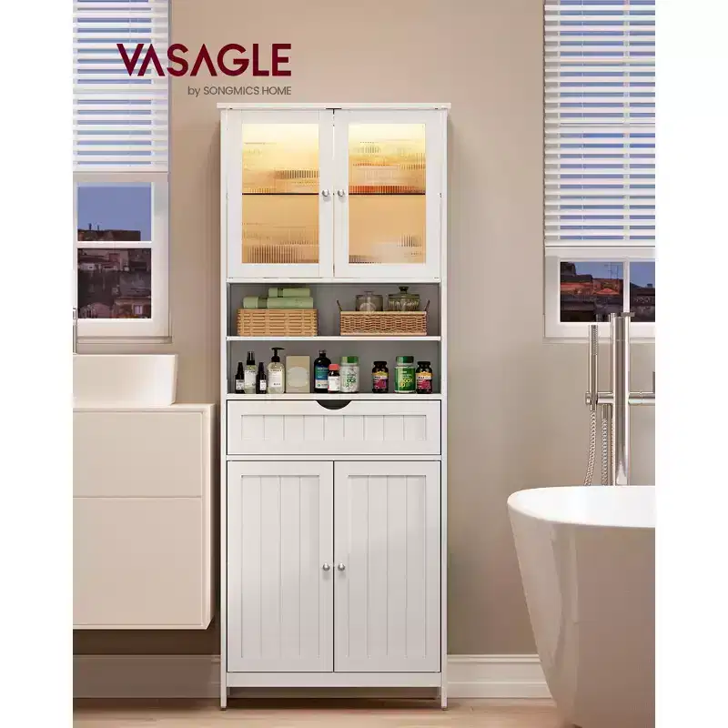 VASAGLE Freestanding Storage Cabinet, Adjustable Shelves, Drawer, Open Compartments, for Bathroom, Cloud White