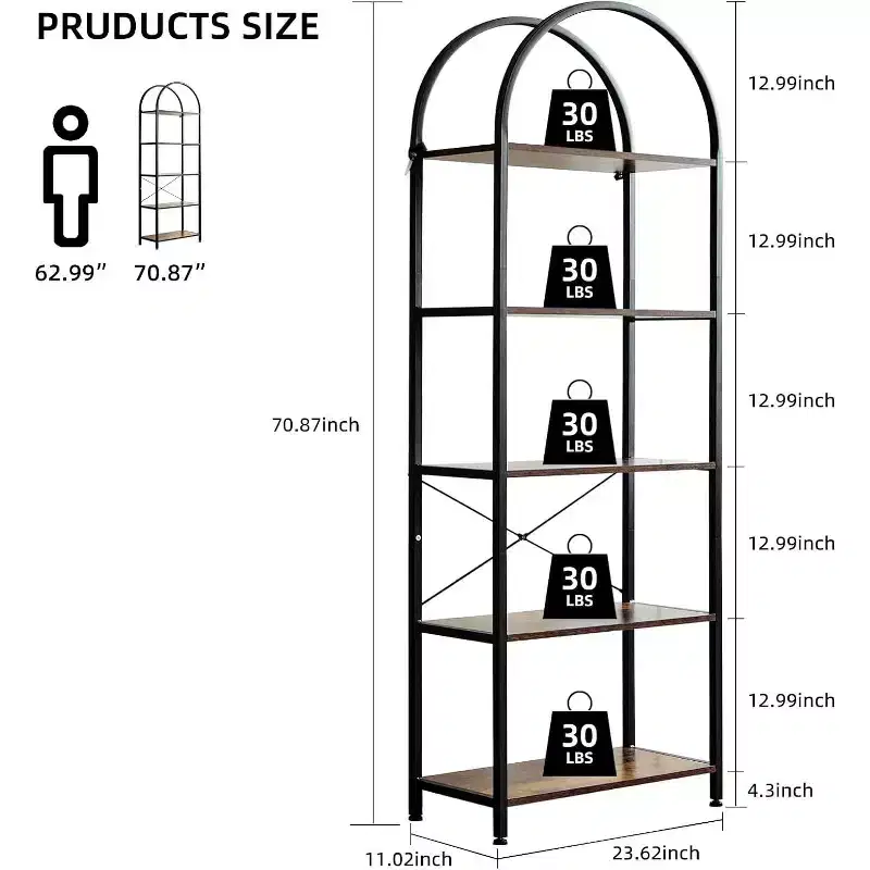 Modern Freestanding Display Shelving Unit Storage Bookshelf 5 Tier Bookcase Industrial Open Book Shelves,Rack Metal Frame for Bedroom Living Room