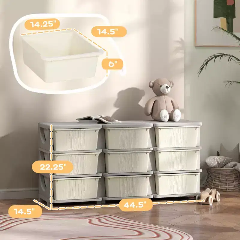 29.5 3-Tier Kids Toy Storage Organizer with 9 Removable Drawers, Child-Safe Design, Cream White