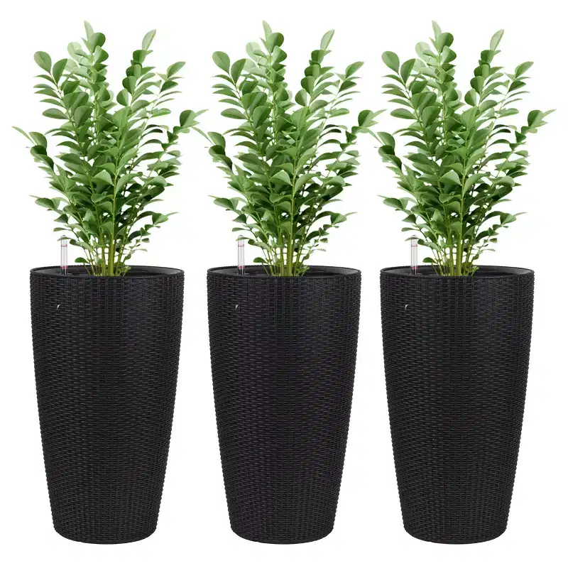 Okak 2 Pack Elegant Modern Faux Rattan Design Planter, Plastic Large Pot with Auto-Watering System for Home, Garden,Indoor/Outdoor