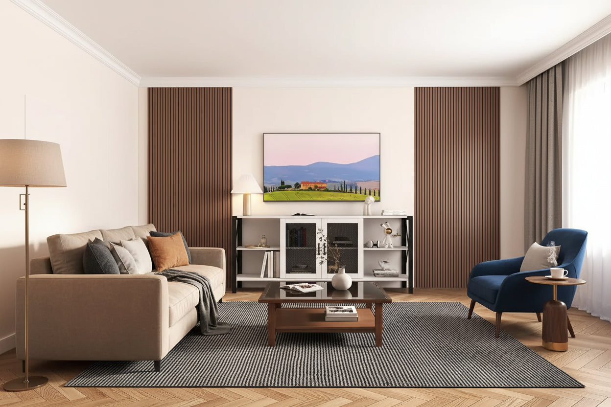 80-Inch Industrial TV Stand – Espresso / Walnut / White, Wood & Metal, Open Shelving with Mesh Door