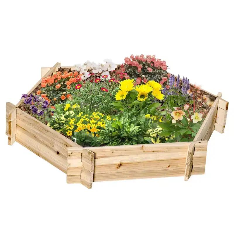 NAYSAYE Wooden Raised Garden Bed Hexagon Screwless Planters for Outdoor Plants Vegetables Flowers Durable Easy Assembly, Brown, 39.25*36.25*6.25