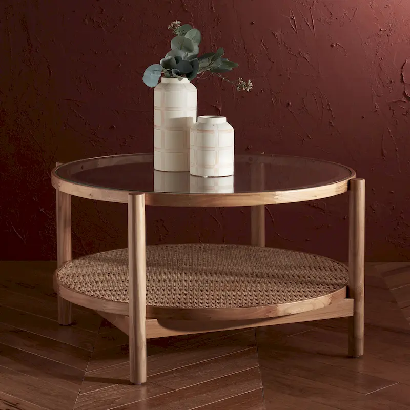 Falak 2-Tier Rattan/Glass Coffee Table - 35 In. W x 35 In. D x 18 In. H