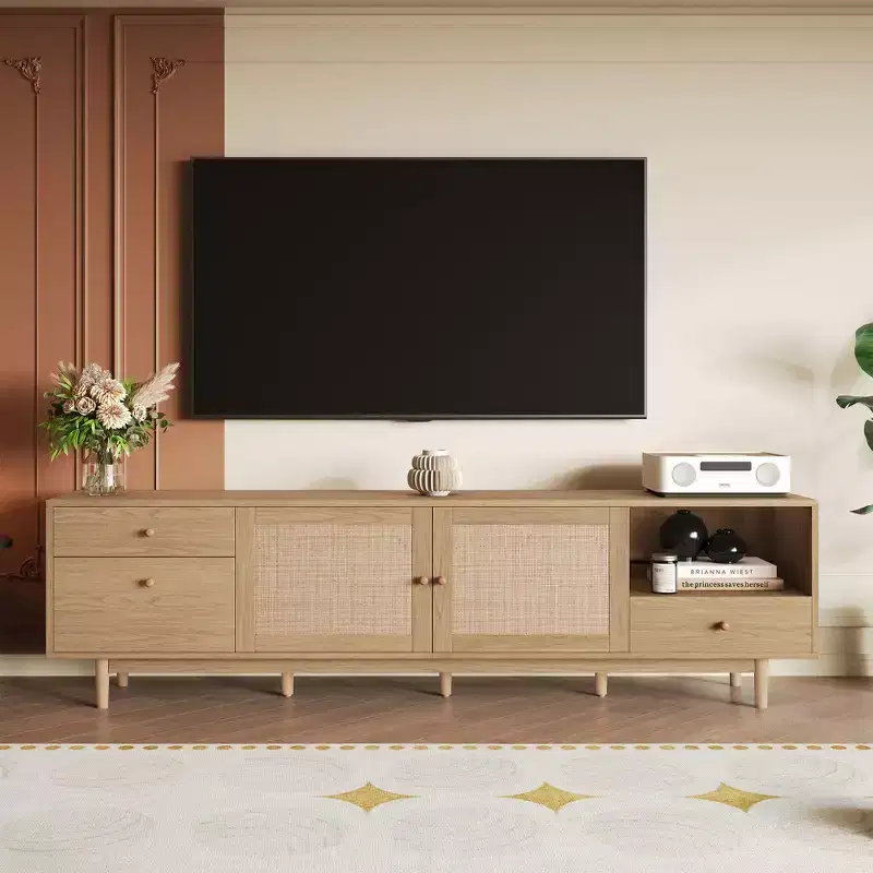 76.6 Natural Brown Rattan TV Stand, Boho Style, Fits TVs up to 85