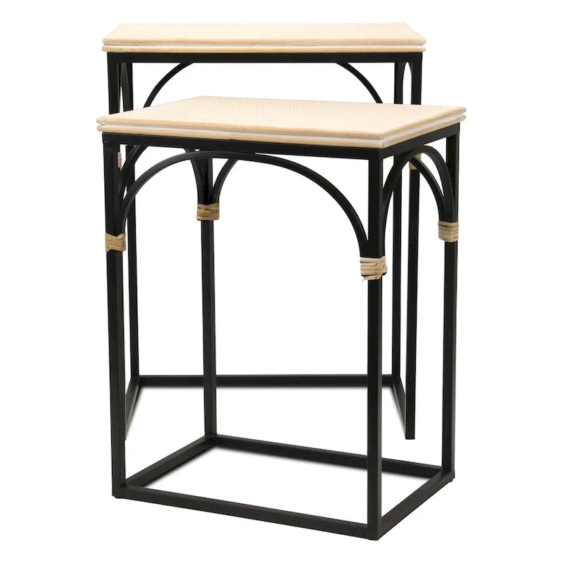 Claudette Set of 2 Rattan Accented Wood & Metal Rectangle Side Tables