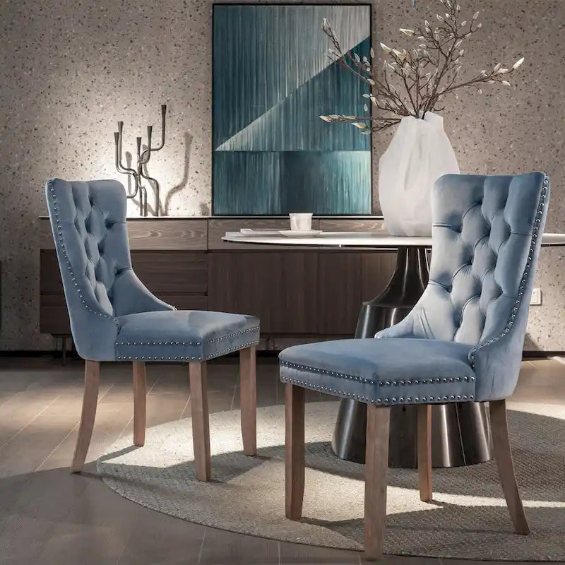 Modern Set of 2 Velvet Tufted Dining Chair with Wood Legs and Nailhead Trim
