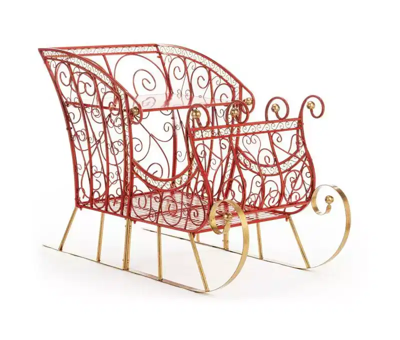 Napco Large Santa's Sleigh - 70.5 x 48 x 35 Inch Red and Gold Metal Decorative Display Stand