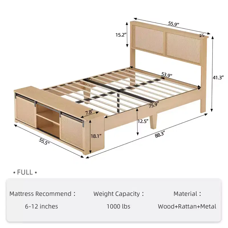 Acekool Rattan Platform Bed Frame with Storage Bench, LED Lights, App Control, Wicker Headboard, Noise-Free Support, No Box Spring Needed