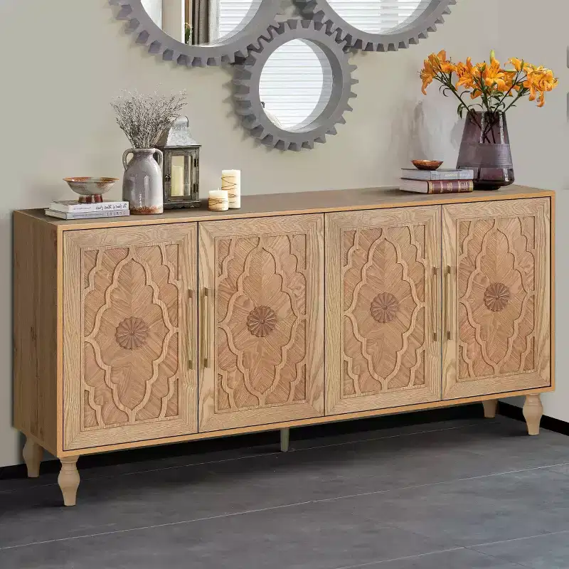 Freestanding Sideboard Buffet Cabinet with Carved Flower Doors & Metal Handles - 63" Wide Wood Floor Cabinet