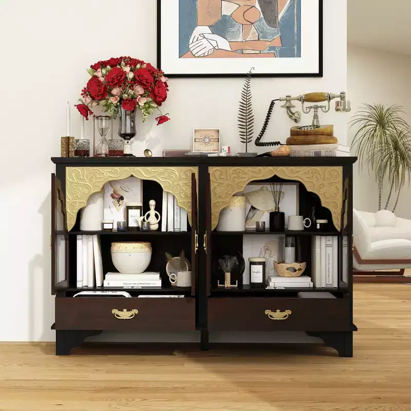 Hitow Vintage Luxury Sideboard Buffet: Black & Brown Finish,Gold Carved Accents + Glass-Door,Drawer Storage  Ornate Buffet Cabinet for Dining Rooms