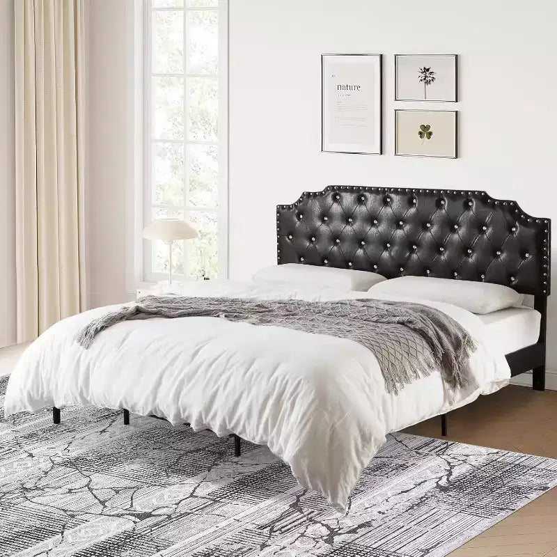 King Platform Bed Frame, Black Upholstered, Button Tufted Headboard, 6in Underbed Storage, Wooden Slats, No Box Spring, Easy Assembly
