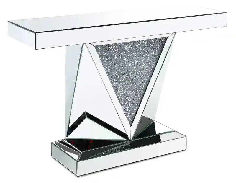 47.5 Glam Mirror & Glass Top Sofa Table - Silver Metal with Diamond Look Legs