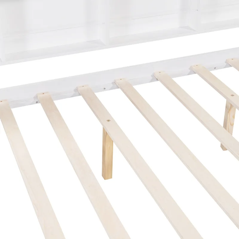 White Full Size Pinewood Kids House Bed with Trundle, Shelf & Roof