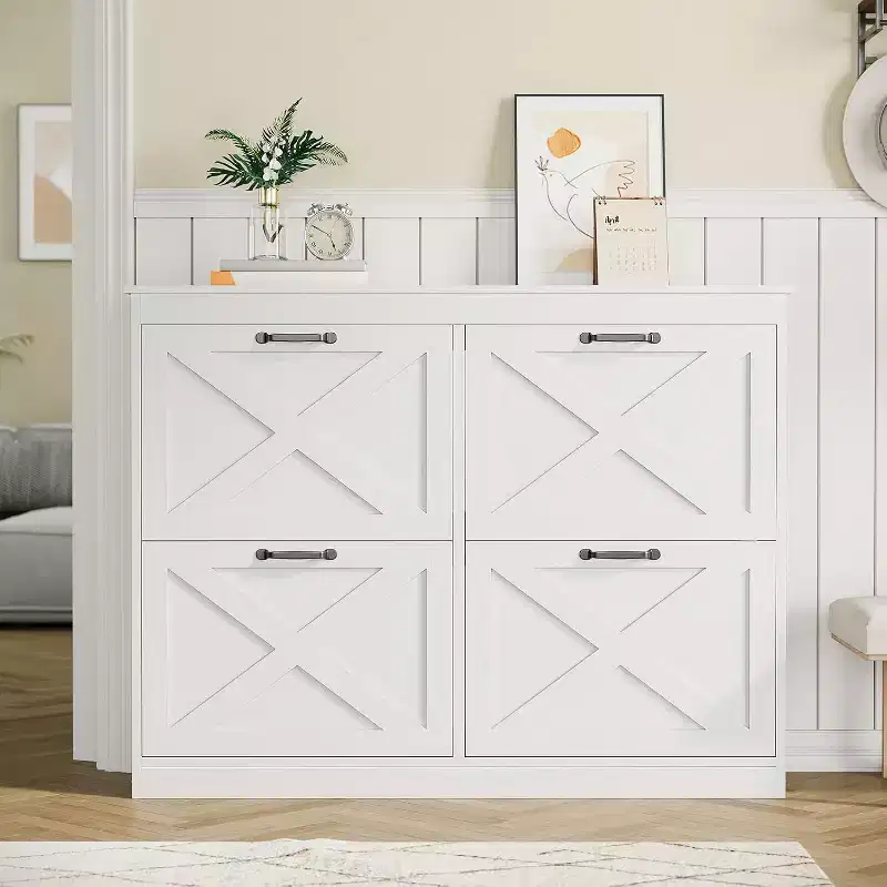 Farmhouse Shoe Cabinet with 4 Flip Drawers, 41 Wide Entryway Shoe Storage Cabinet, Narrow Freestanding Wooden Organizer Rack, White