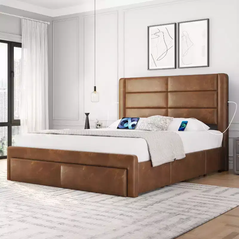 Yaheetech Upholstered Bed Frame with 3 Storage Drawers and Built-In USB Ports