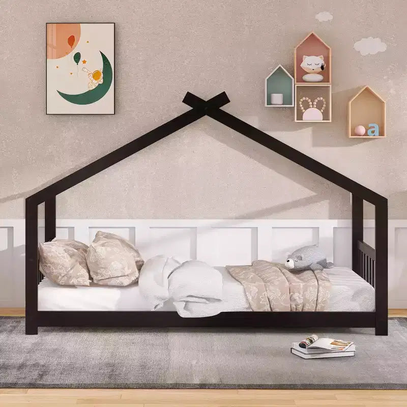Twin Size House Bed Frame with Roof and Fence – Pine Wood, No Box Spring Needed