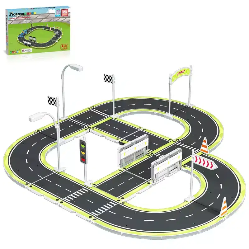 PicassoTiles Magnetic Tiles Building Block Construction Toy Set Street Sign Traffic Kit Highway Road Race Track w/ Bumper Barricade Accessory Sticker
