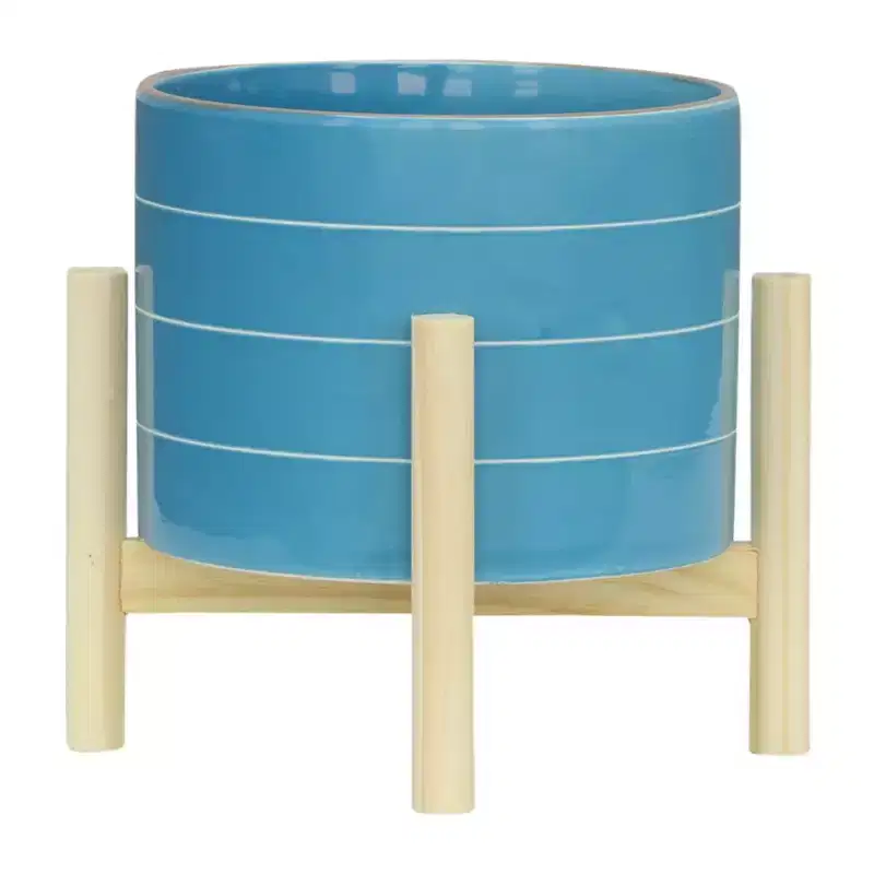 Okak Modern 8IN Flower Pots with Striped Pattern, Succulent Pots with Cross Wooden Stand, Outdoor Planter for Tabletop and Window, Blue