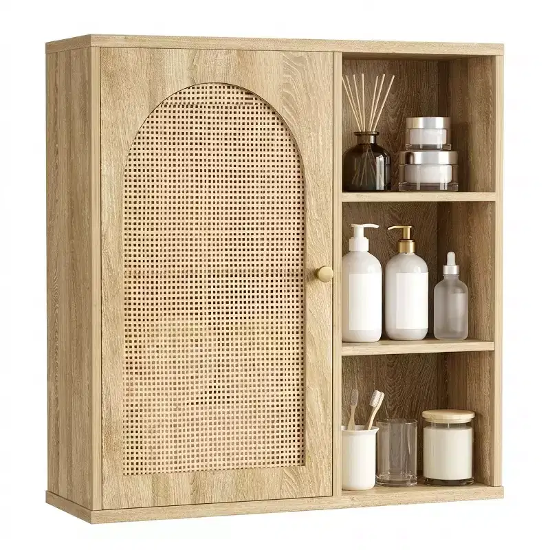 Boho Rattan Wall Cabinet with Arched Door and Open Shelf