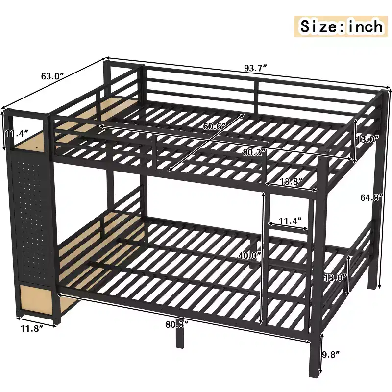 Bellemave Queen over Queen Size Bunk Bed with Open Wardrobe, Drawers & Storage Shelves, Metal Bed Frame with Pegboard, Black