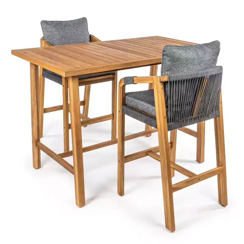 JONATHAN Y Porto Modern Coastal 3-Piece Acacia Wood Outdoor Bar Set with Cushions