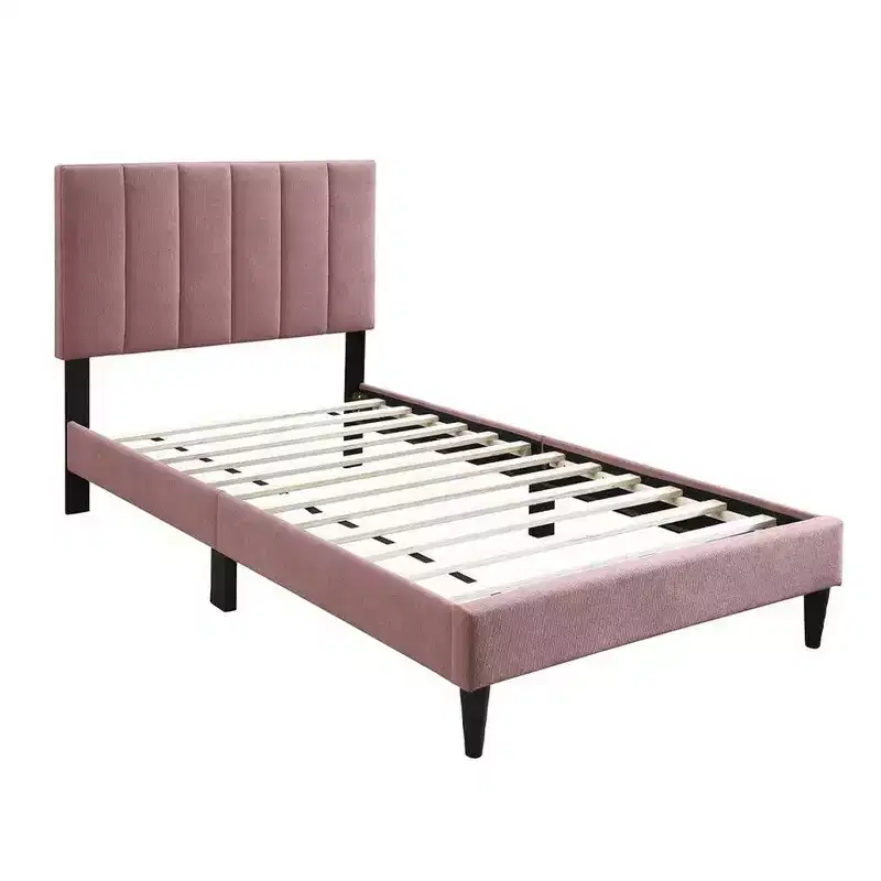 Royal Hampton Twin Size Bed, Blush Pink Linen Upholstery, Channel Tufted