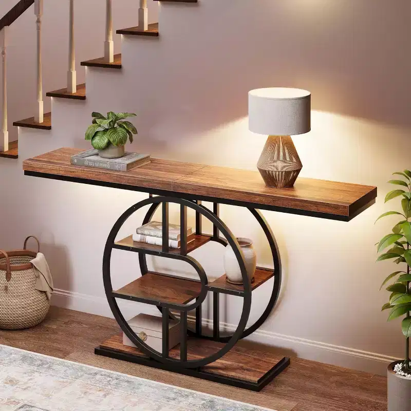 55 Industrial Narrow Table with 5-Tier Storage, Heavy-Duty O-Shaped Metal Frame Console Table for Living Room Space-Saving Long Entrance Table
