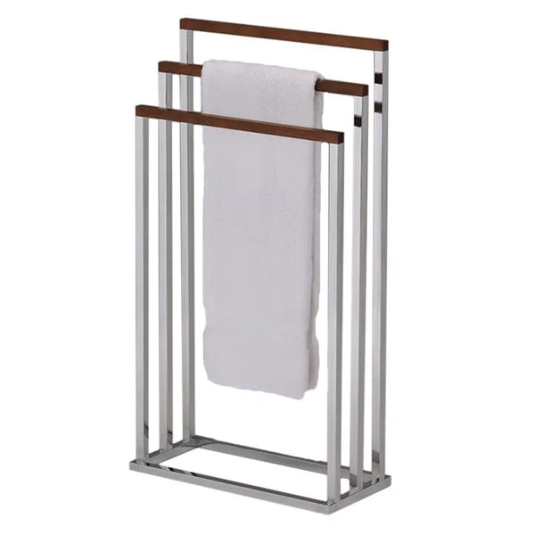 3-Tier Freestanding Towel Rack with Chrome Frame and Walnut Wood Rods