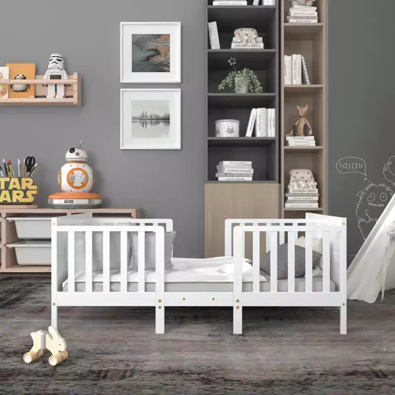 Costway 2-in-1 Convertible Kids Furniture Bed Toddler Crib with 2 Side Safety Guardrails White/Brown