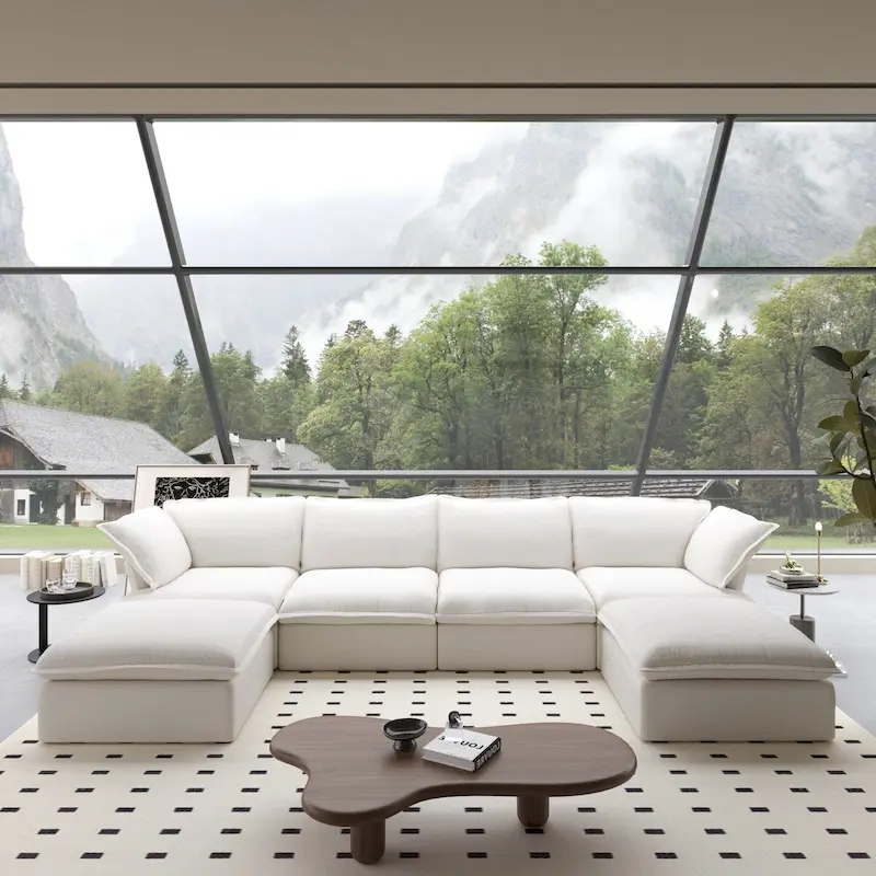 U Shape Couches for Living Room, 6-Seat Convertible Sectional Sofa With Ottoman