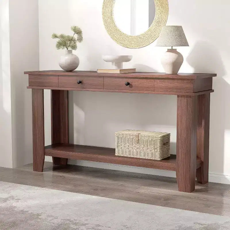 54" Farmhouse Console Table with Drawers and Open Shelf