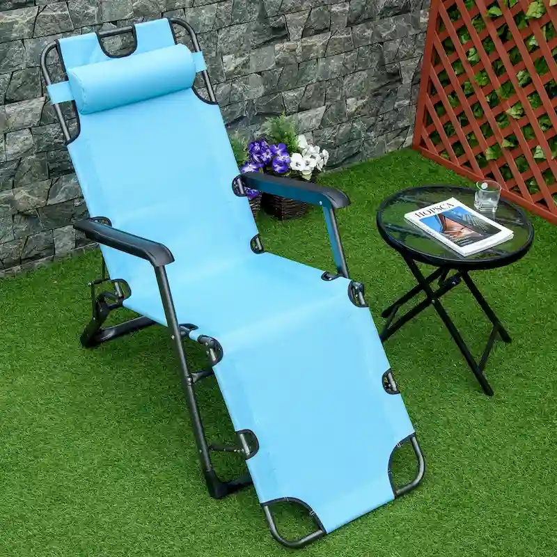 Outdoor Folding Chaise Lounge, 2-in-1 Tanning Chair with PillowArmrests & Pocket