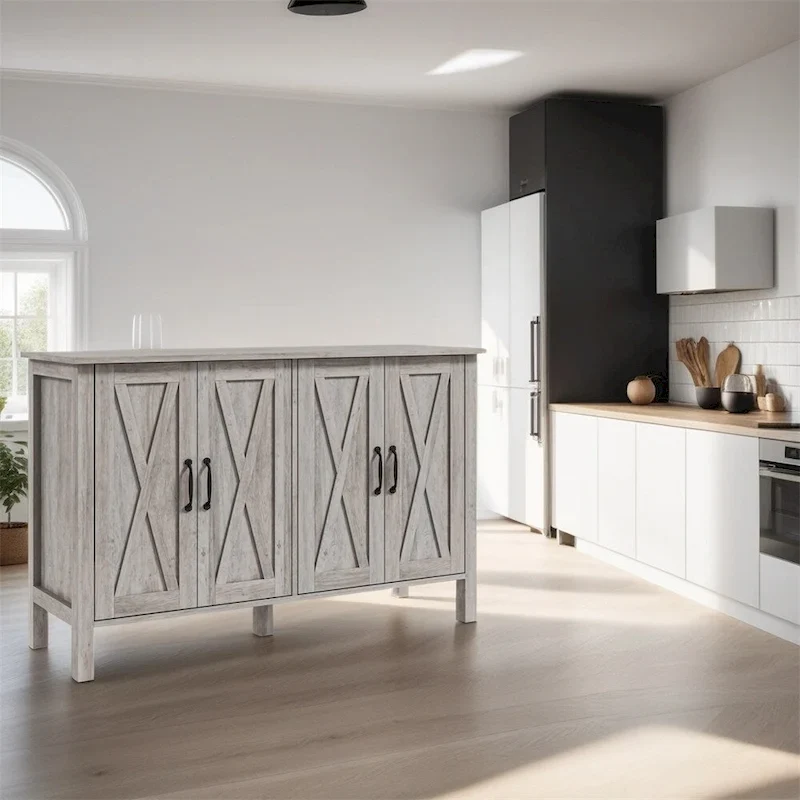Wood Buffet Cabinet with 4 Barn Doors and 2 Adjustable Shelves - N/A