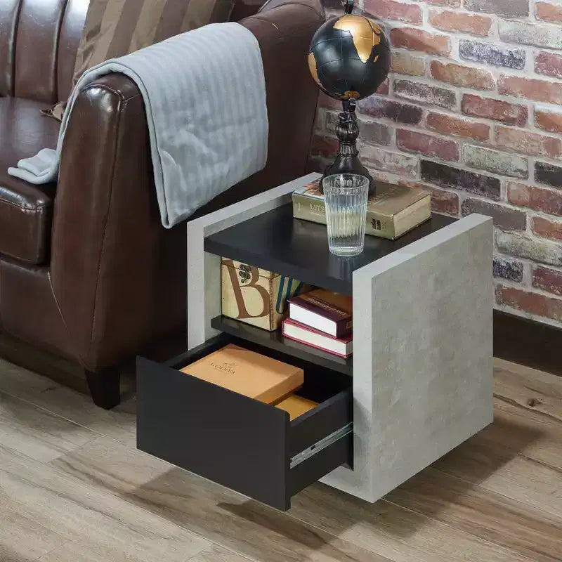 Industrial End Table Black: Storage Shelf, Metal Glides, MDF Frame