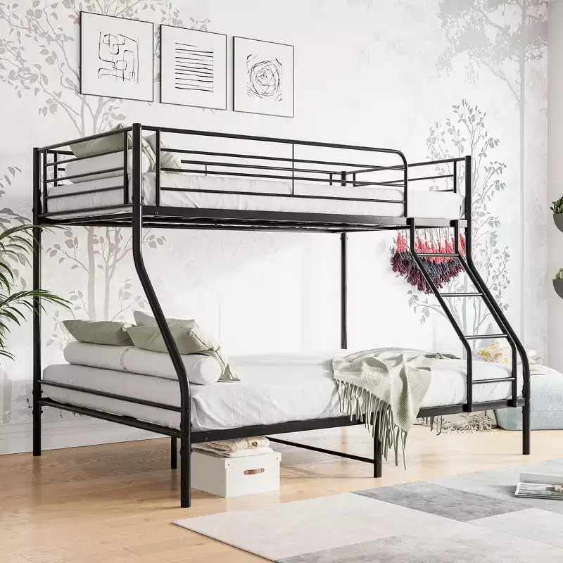Twin-Over-Full Metal Bunk Bed with Guardrails and Inclined Ladder