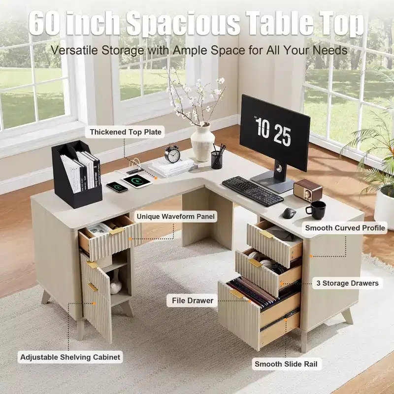 60 Executive L Shaped Desk, Modern Home Office Desk with Drawers and Storage Cabinet & Charging Station, Corner Computer Desk