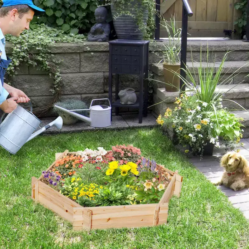 NAYSAYE Wooden Raised Garden Bed Hexagon Screwless Planters for Outdoor Plants Vegetables Flowers Durable Easy Assembly, Brown, 39.25*36.25*6.25