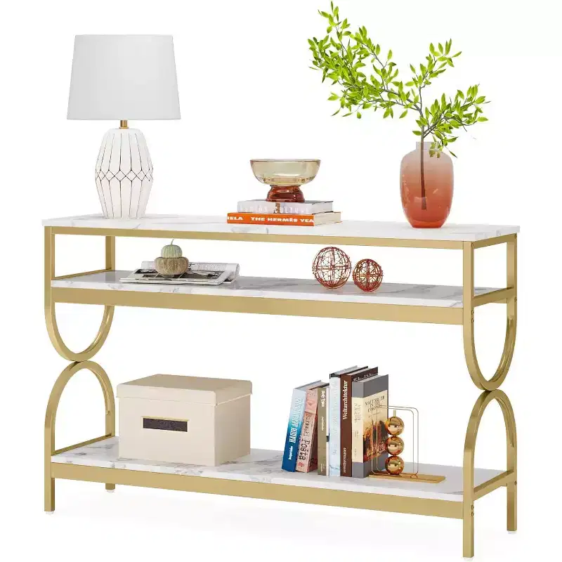 Lantine 55-Inch 3-Tier Console Table, Sofa Table with Open Shelves and Faux Marble Top for Entryway, Hallway, Living Room, White & Gold