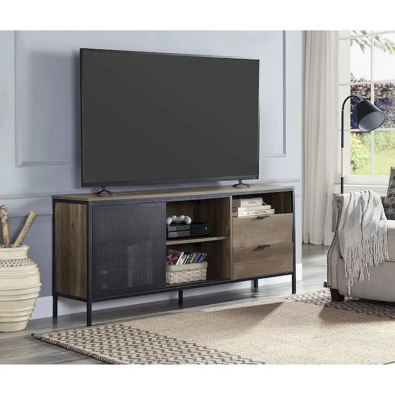 63-Inch Industrial TV Stand – Oak & Black, MDF & Metal Frame, Fits TVs up to 60 Inches