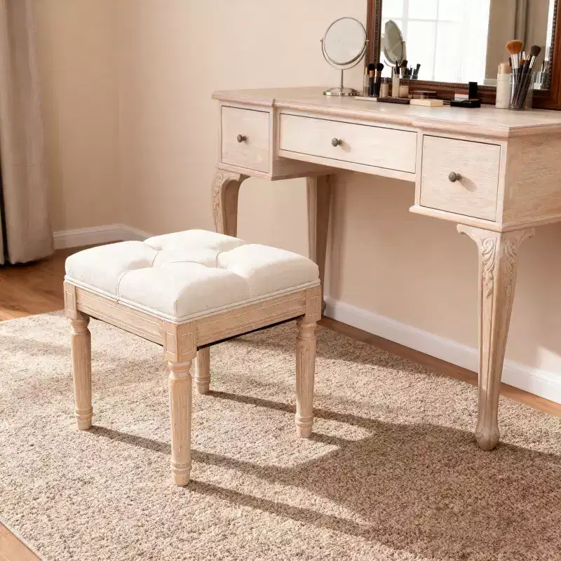 Small Padded Bench, Square Upholstered Rustic Ottoman, Vanity Stool, 15.75 Cube, Beige