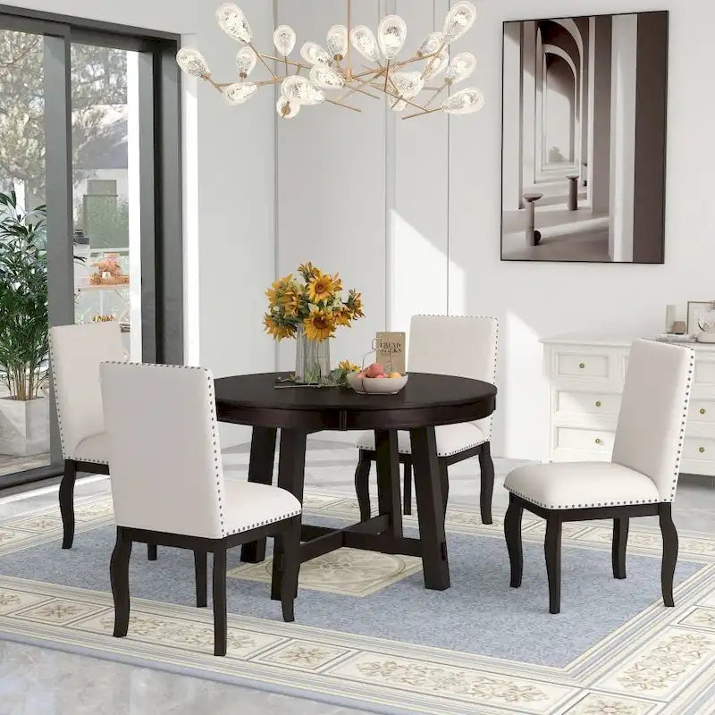 5-Piece Farmhouse Dining Table Set Wood Round Extendable Dining Table and 4 Upholstered Dining Chairs