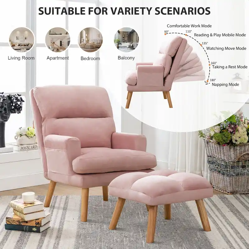 Soft Fabric Casual Living Room Armchair With Adjustable Backrest And Legs Stool